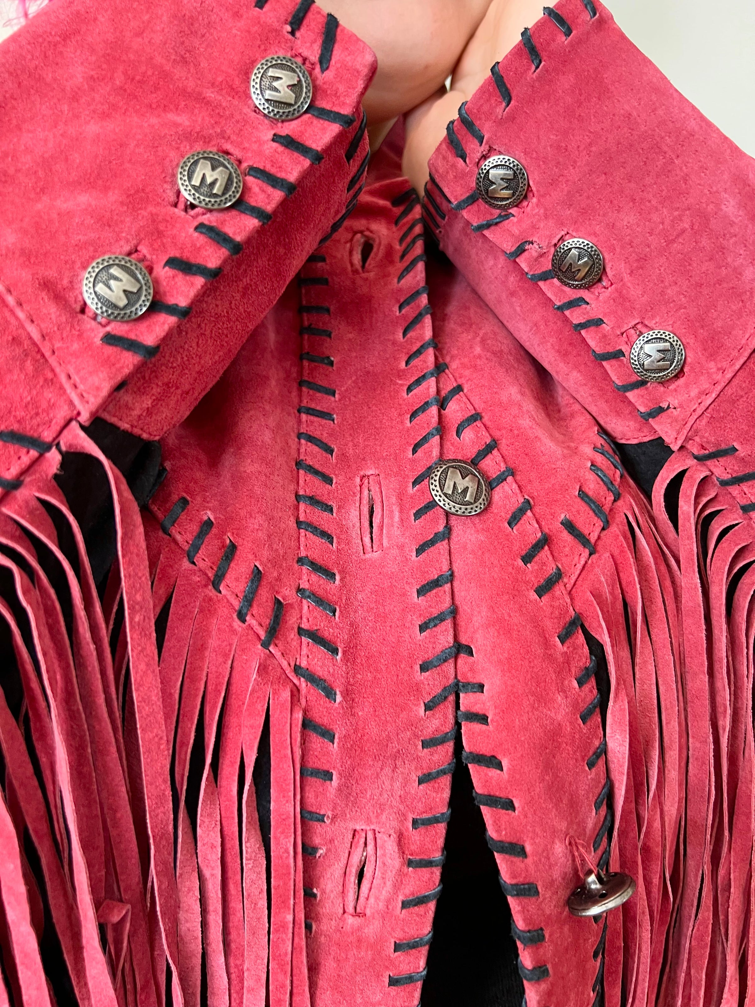 90's Bob Mackie Wearable Art Red Fringe Black Suede Whipstitch