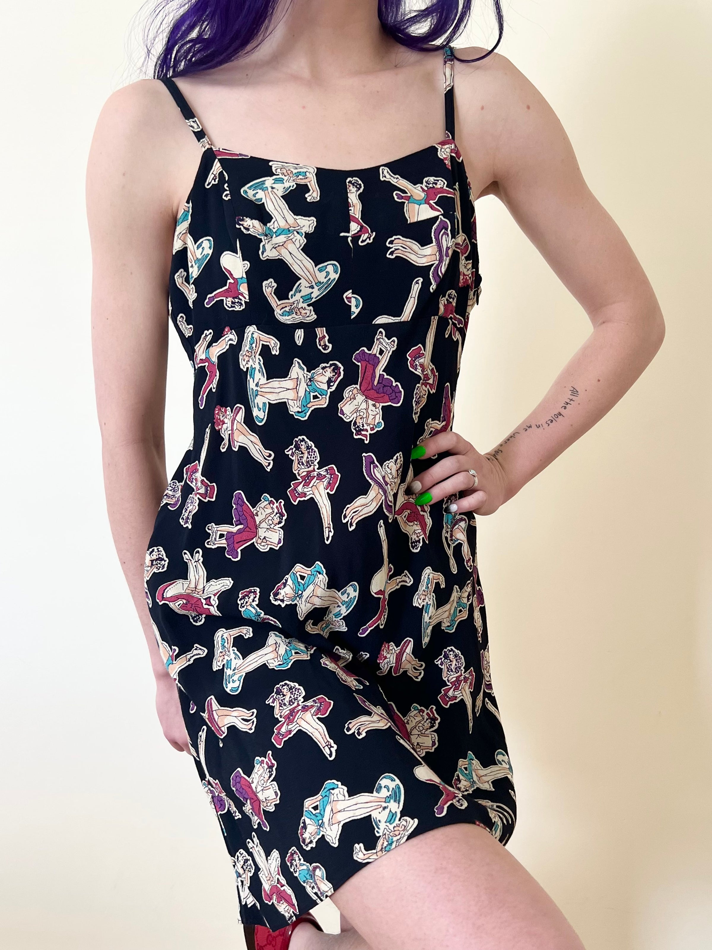 90's Betsey Johnson Pin Up Girl Print Rayon Bias Cut Slip Strappy Spaghetti  Sundress Mini Dress | Lexie Butterfly Vintage