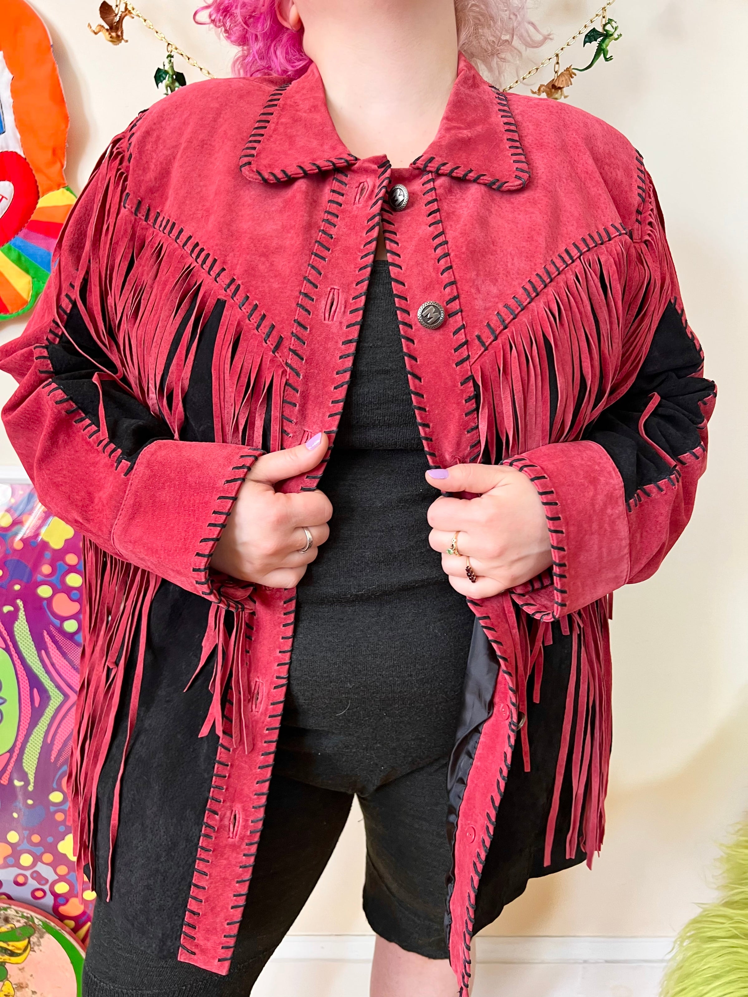 90's Bob Mackie Wearable Art Red Fringe Black Suede