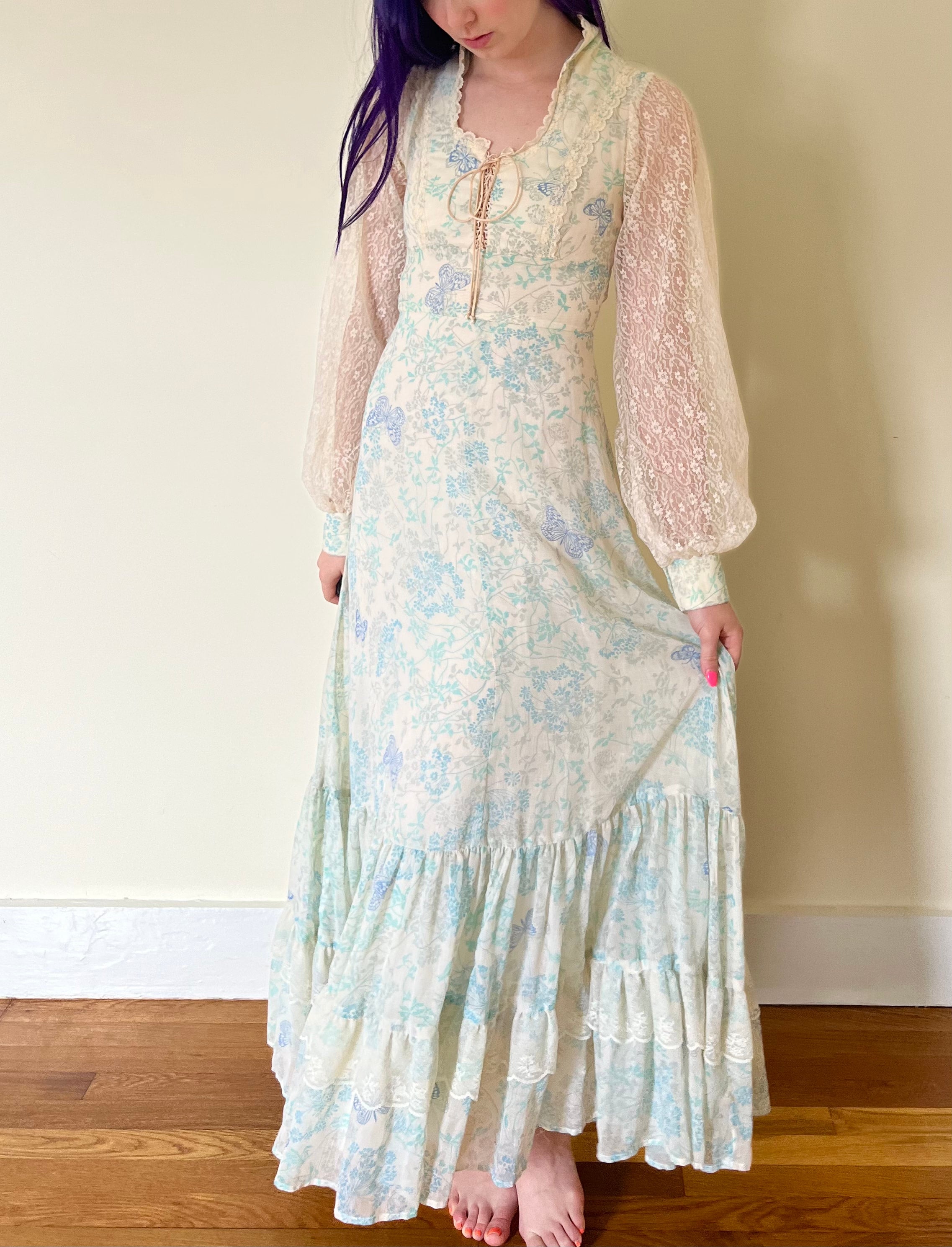 70's Blue Butterfly Print Gunne Sax Jessica McClintock Lace Up Corset Maxi  Prairie Dress Lace Poet Sleeve | Lexie Butterfly Vintage