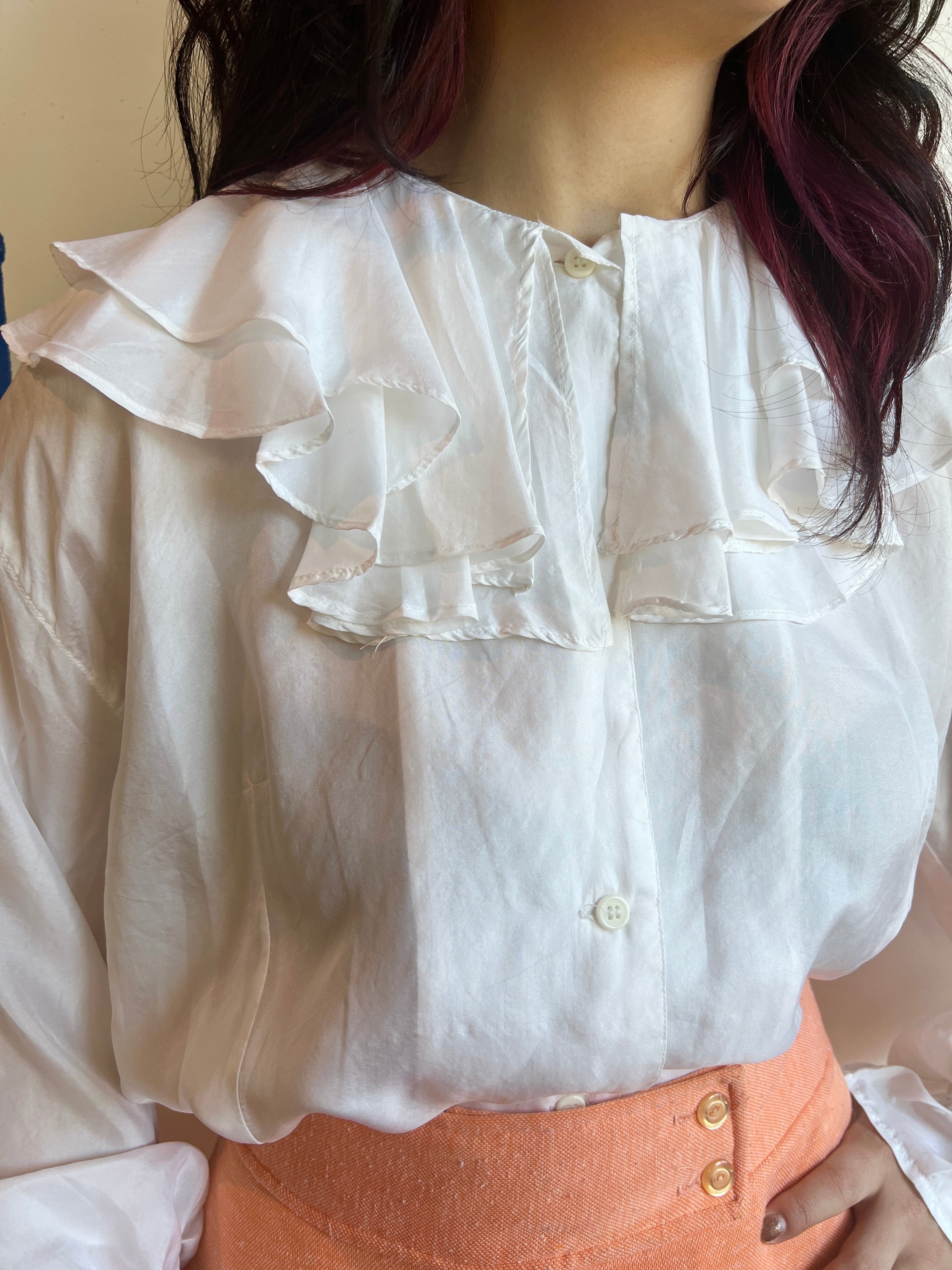 white button down ruffle blouse