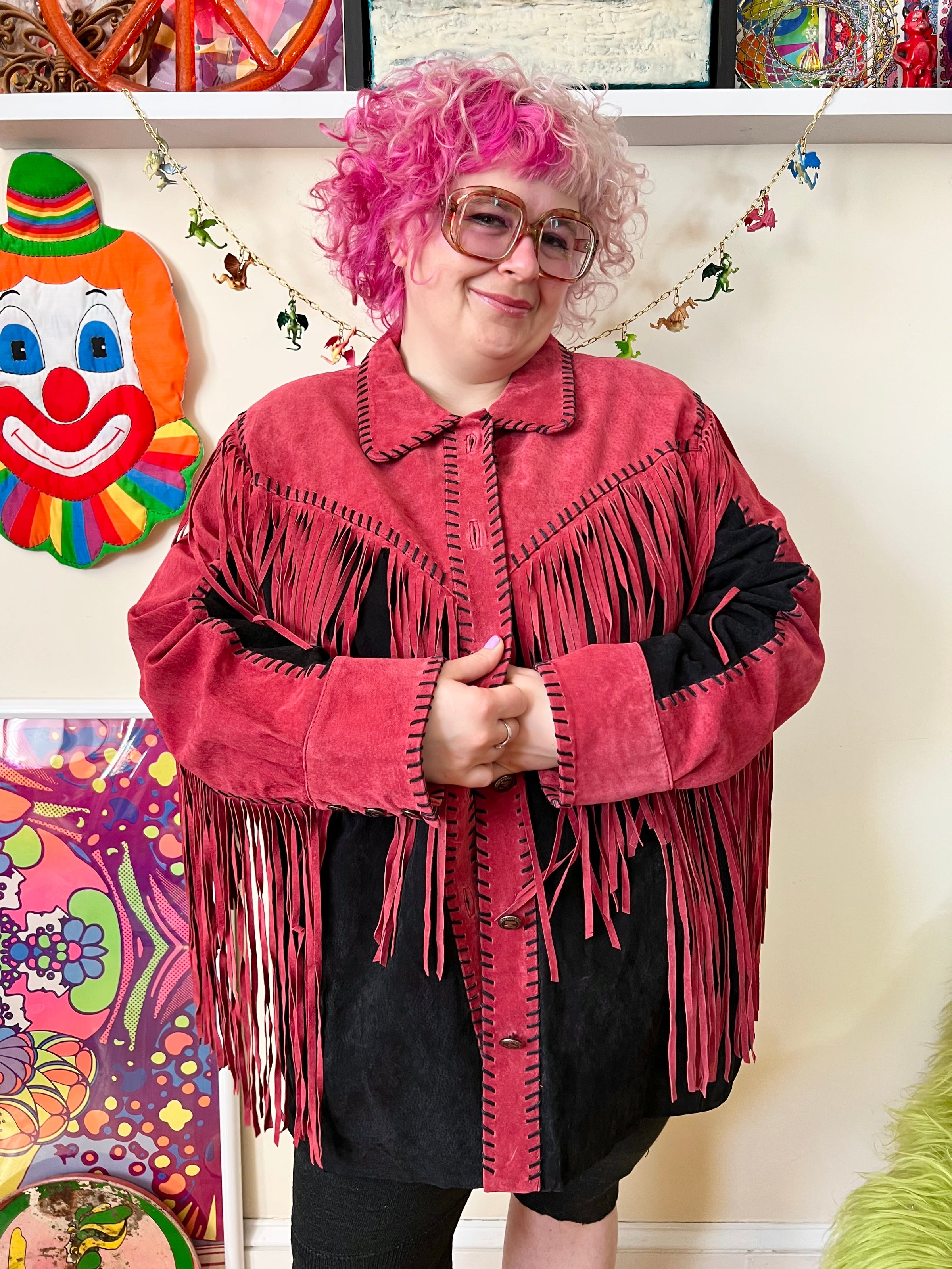 90's Bob Mackie Wearable Art Red Fringe Black Suede Whipstitch