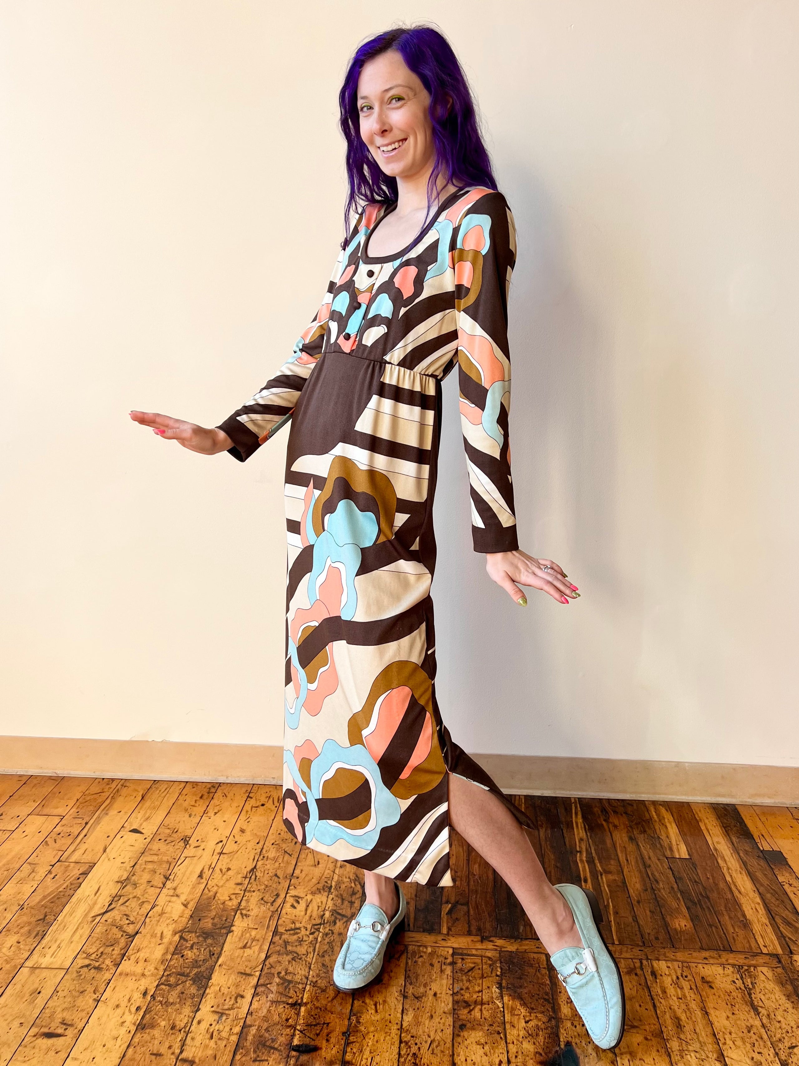 70 s Psychedelic Paganne Brown Coral Pink Baby Blue Waves Long Sleeve Maxi Dress