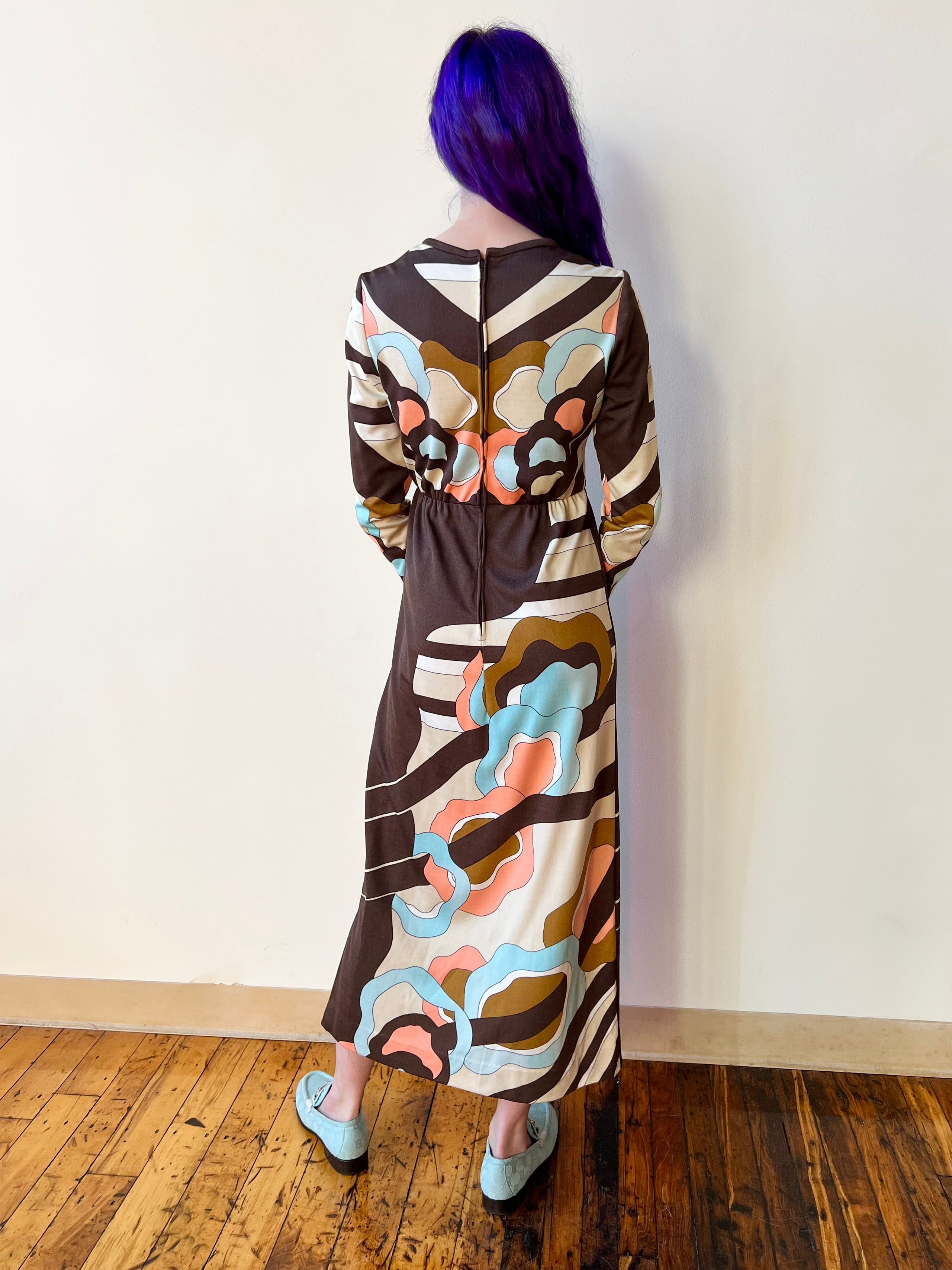 70 s Psychedelic Paganne Brown Coral Pink Baby Blue Waves Long Sleeve Maxi Dress