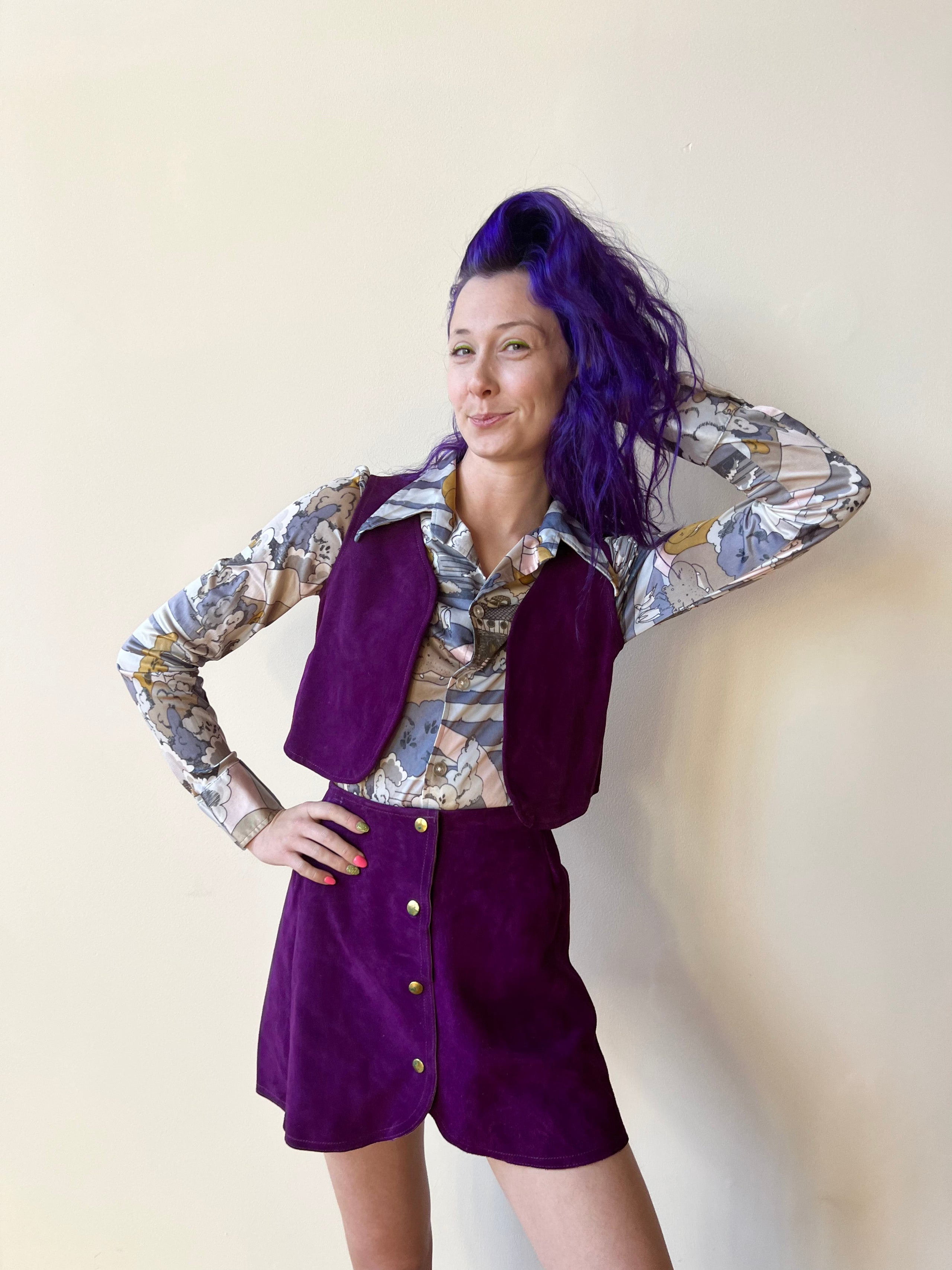 70 s Purple Suede Vest and Mini Snap Up Skirt Two Piece Set