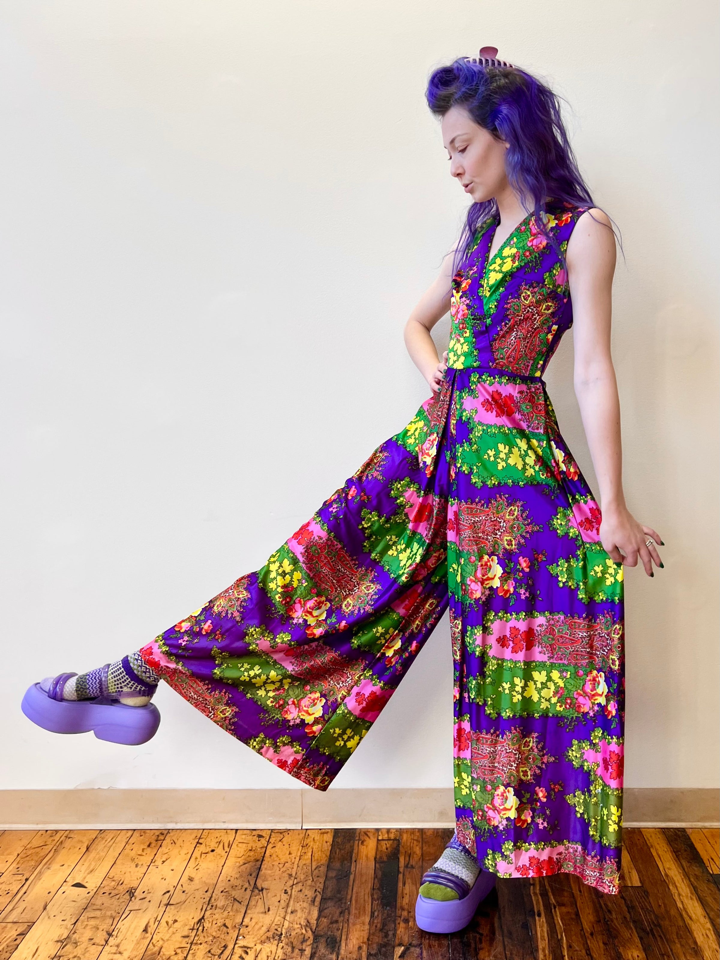 70 s Bright Purple Rainbow Floral Psychedelic Palazzo Sleeveless Jumpsuit Lexie Butterfly Vintage
