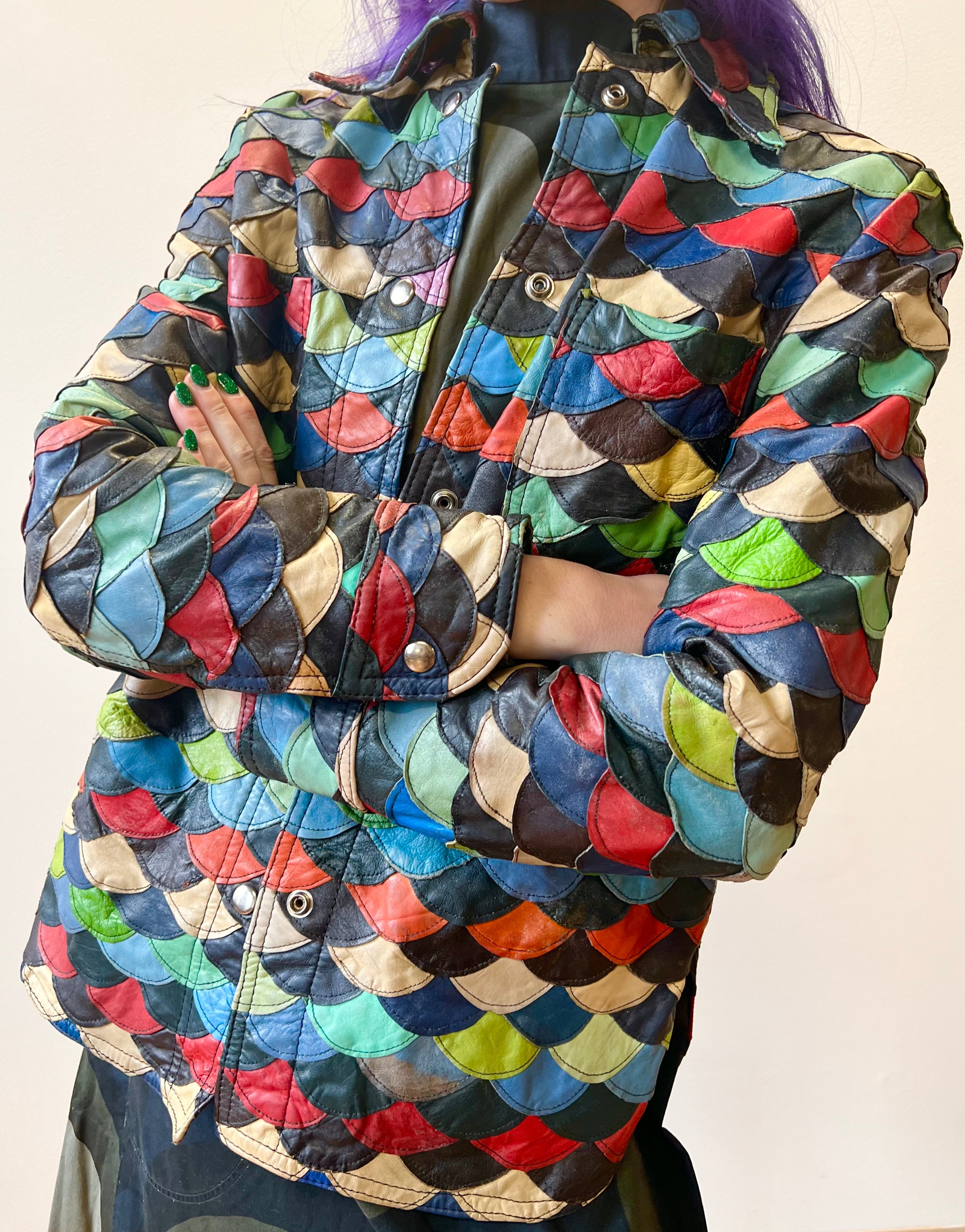 70’s Bright Colorful Patchwork Leather Fish Scale Snap Shacket Jacket