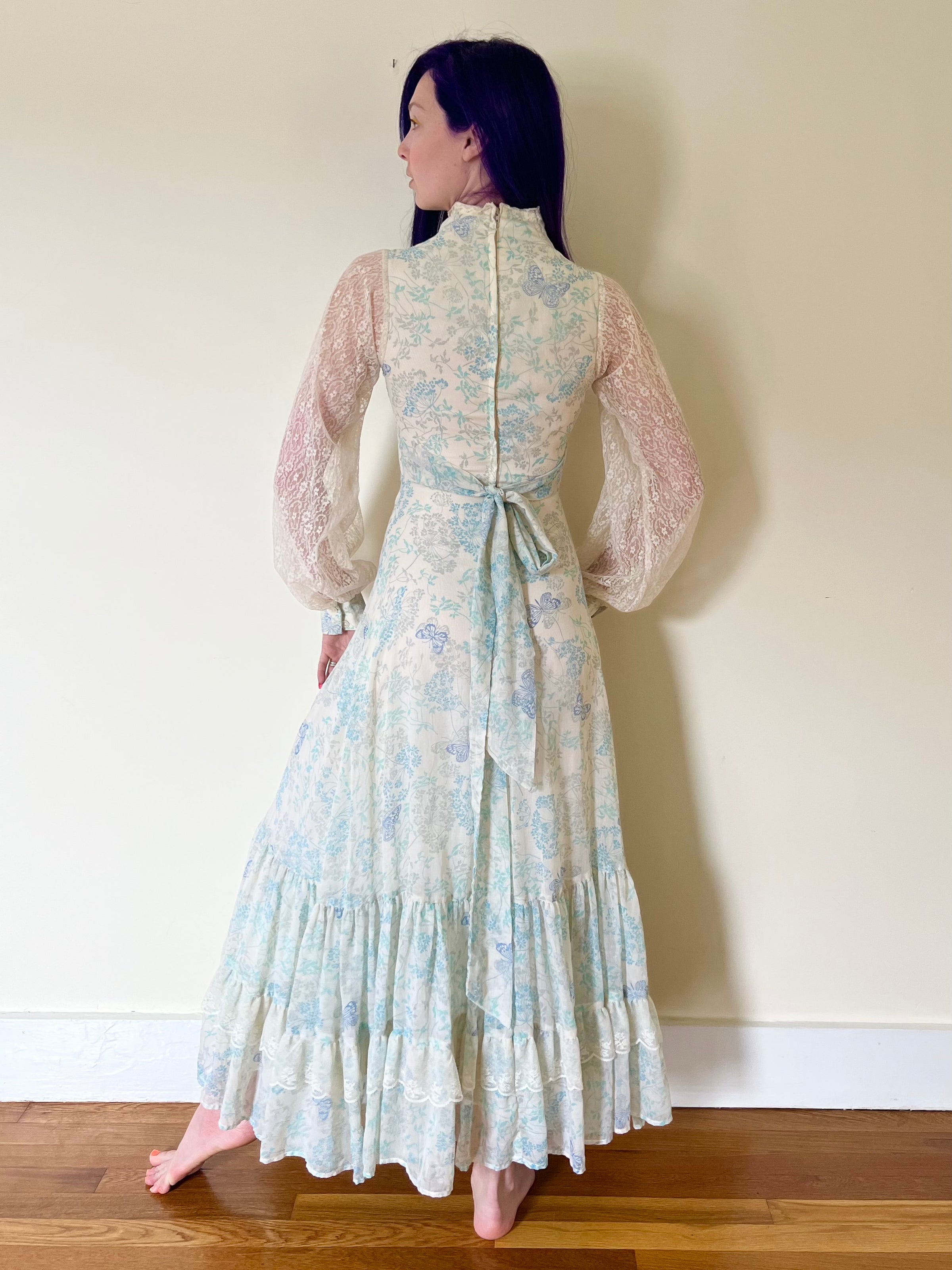 70's Blue Butterfly Print Gunne Sax Jessica McClintock Lace Up Corset Maxi  Prairie Dress Lace Poet Sleeve | Lexie Butterfly Vintage