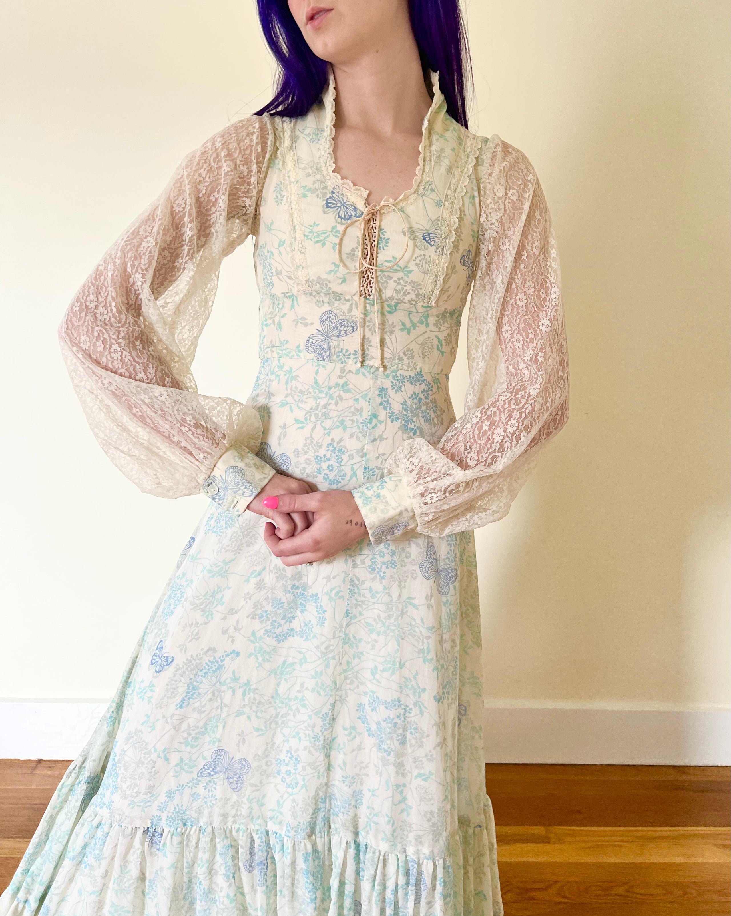 70’s Blue Butterfly Print Gunne Sax Jessica McClintock Lace Up Corset Maxi  Prairie Dress Lace Poet Sleeve