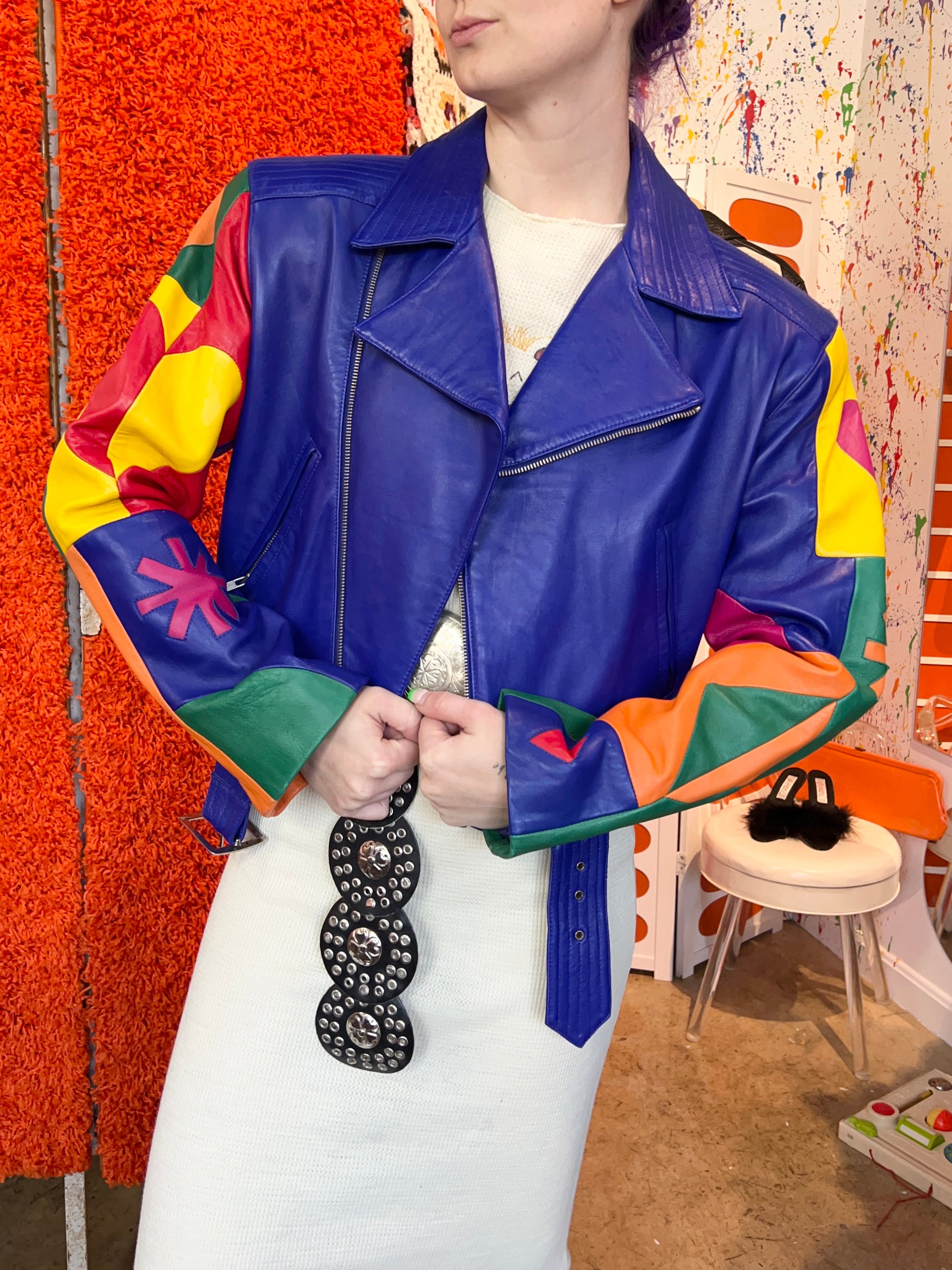 80 s 90 s Michael Hoban North Beach Leather Queen of Hearts Rainbow Applique Patchwork Leather Motorcycle Jacket Lexie Butterfly Vintage