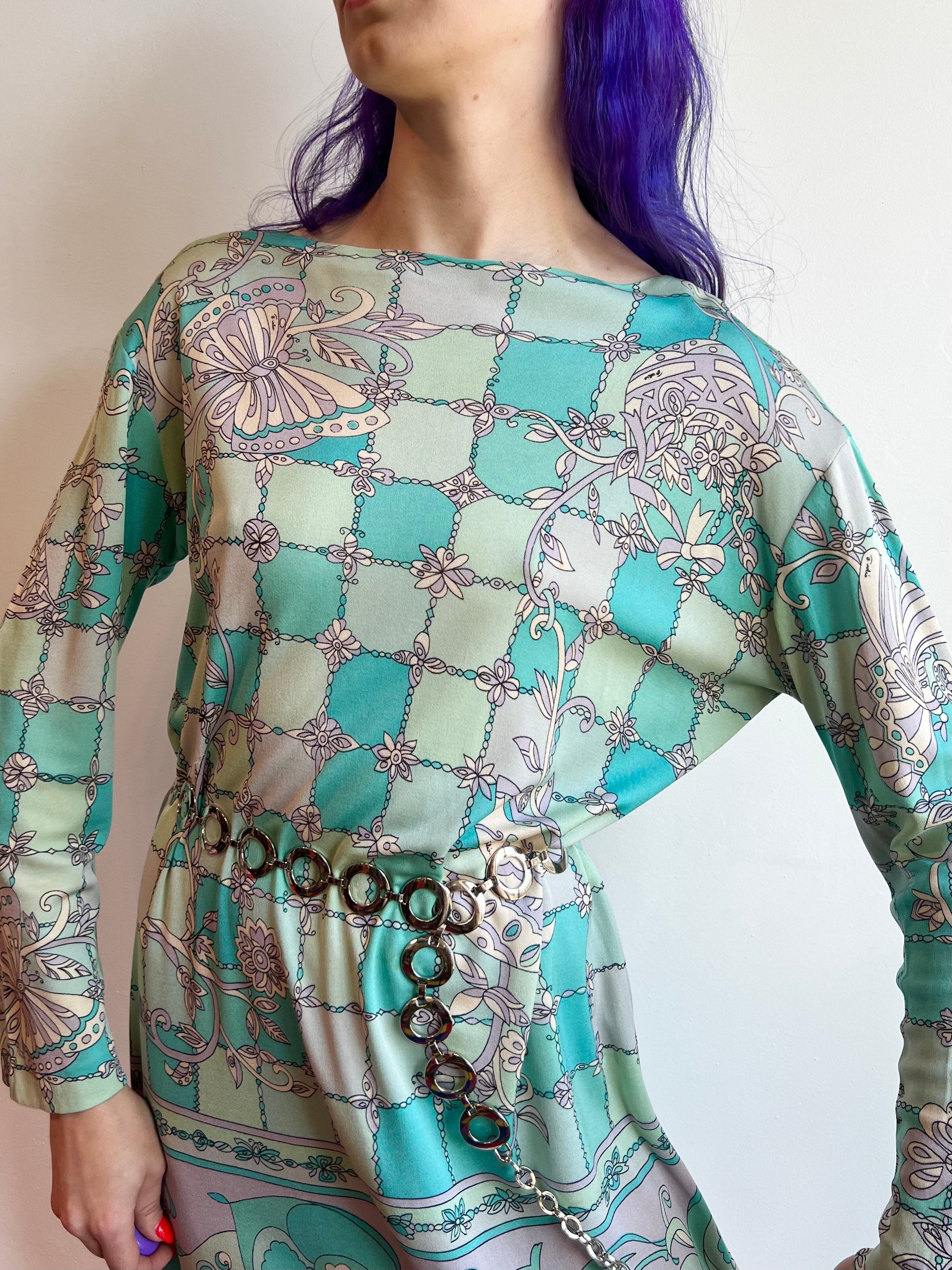 60’s Mr. Dubby Turquoise Patchwork Clown Appliqué 2024 Pleated Sides Shift Dress