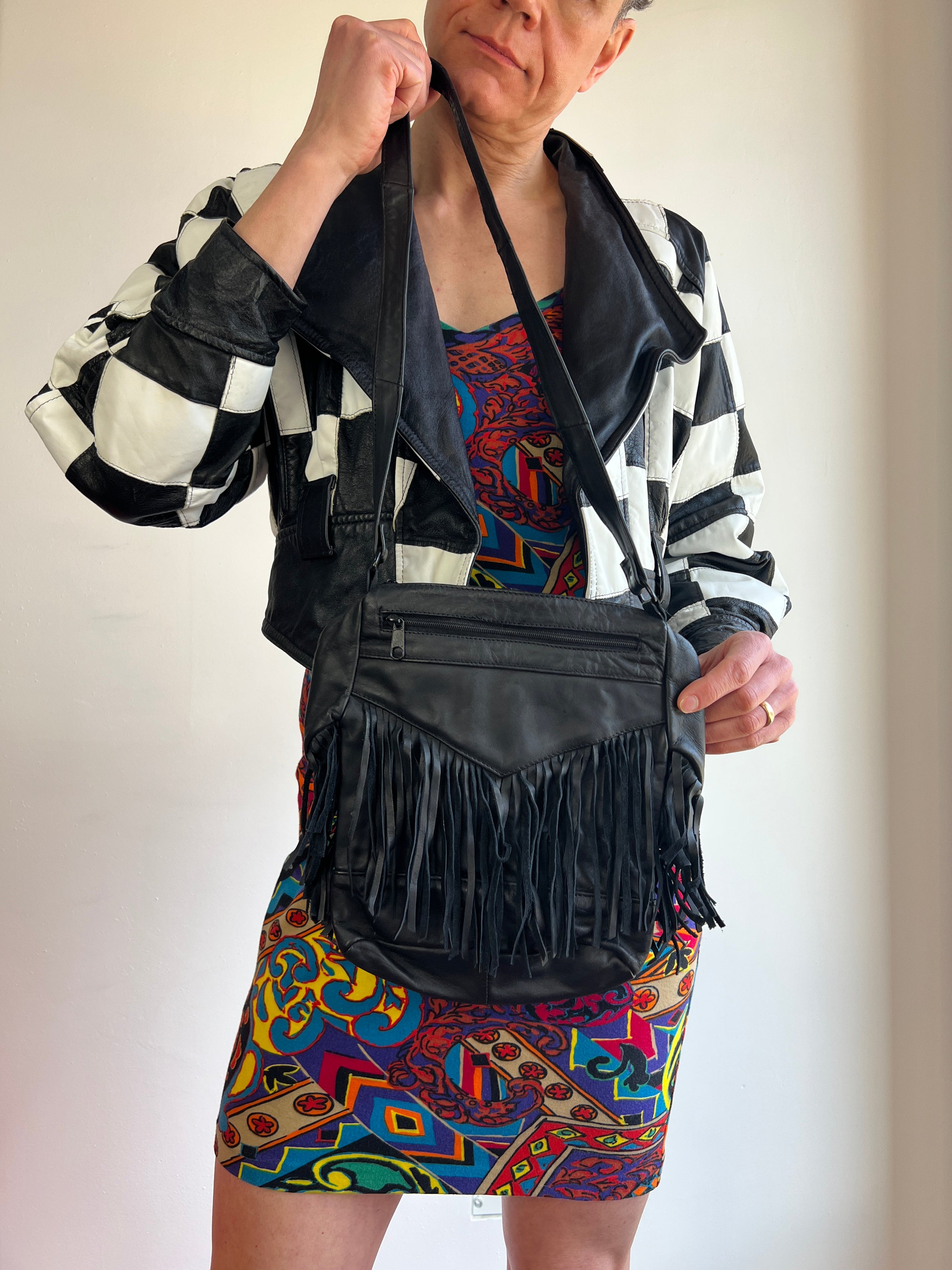 80 s Black Leather Mini Fringe Motorcycle Jacket Crossbody Purse Bag Novelty Lexie Butterfly Vintage