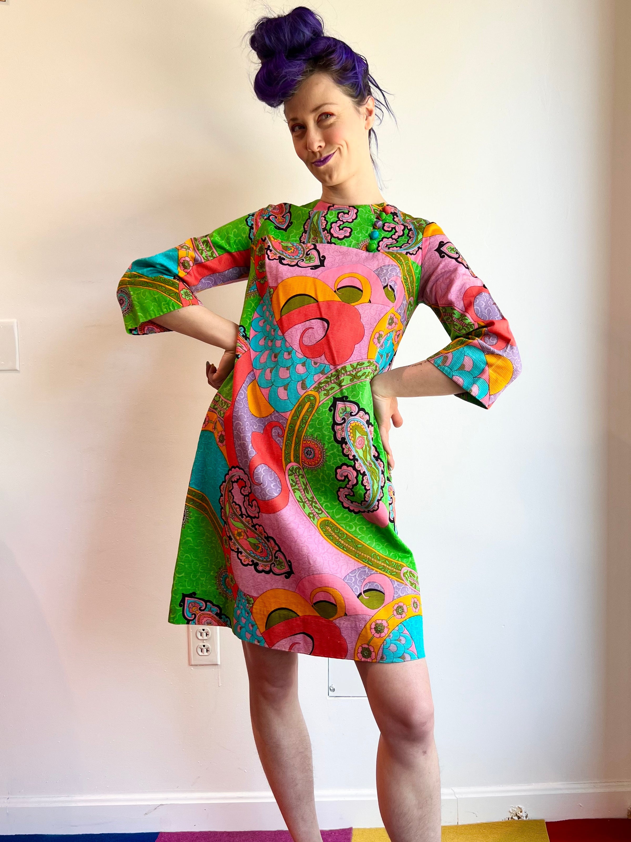 60 s Tori Richards Honolulu Textured Cotton Psychedelic Hawaiian Mini Dress Lexie Butterfly Vintage