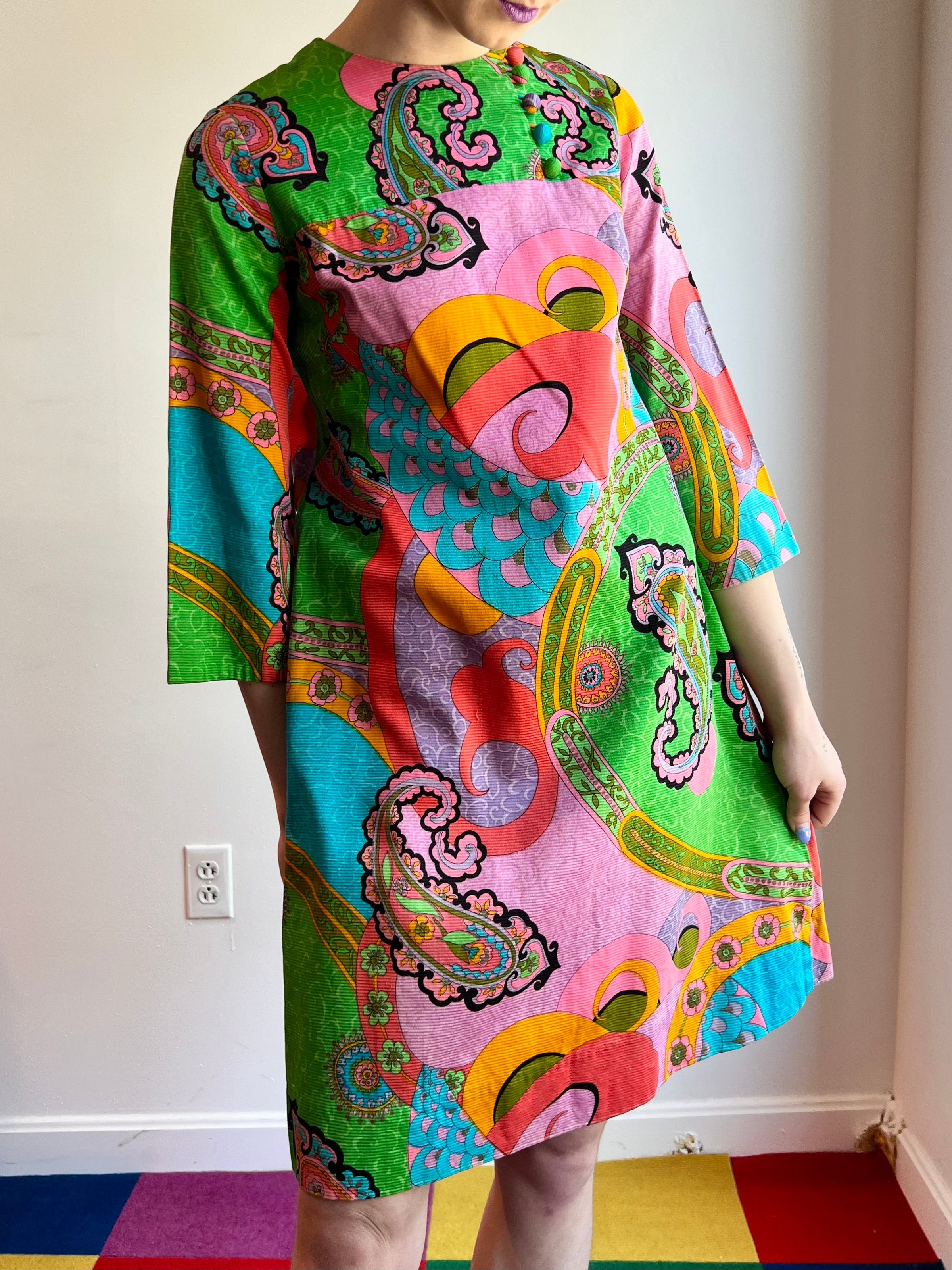 60 s Tori Richards Honolulu Textured Cotton Psychedelic Hawaiian Mini Dress Lexie Butterfly Vintage